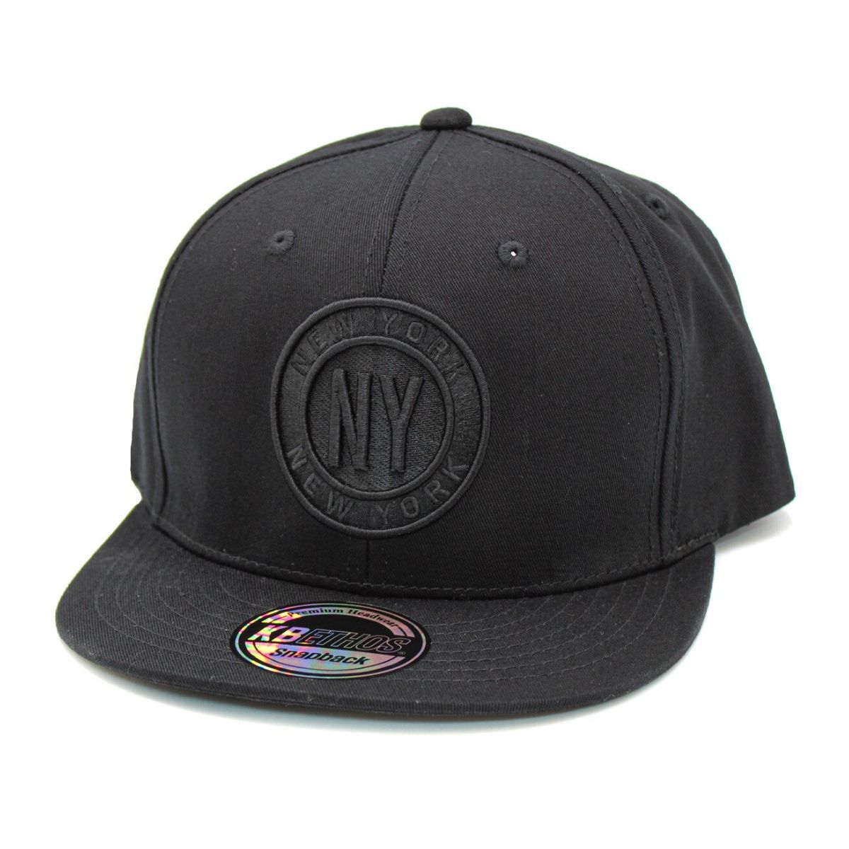 "NY" Circle Logo Flat Snapback Cap - Black, Adjustable