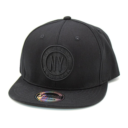 "NY" Circle Logo Flat Snapback Cap - Black, Adjustable