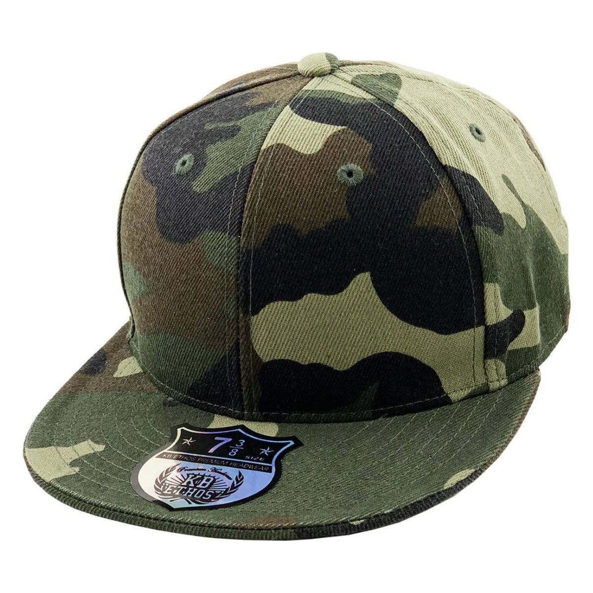 Fitted Flat Bill Cap - Green Camo, Various Sizes