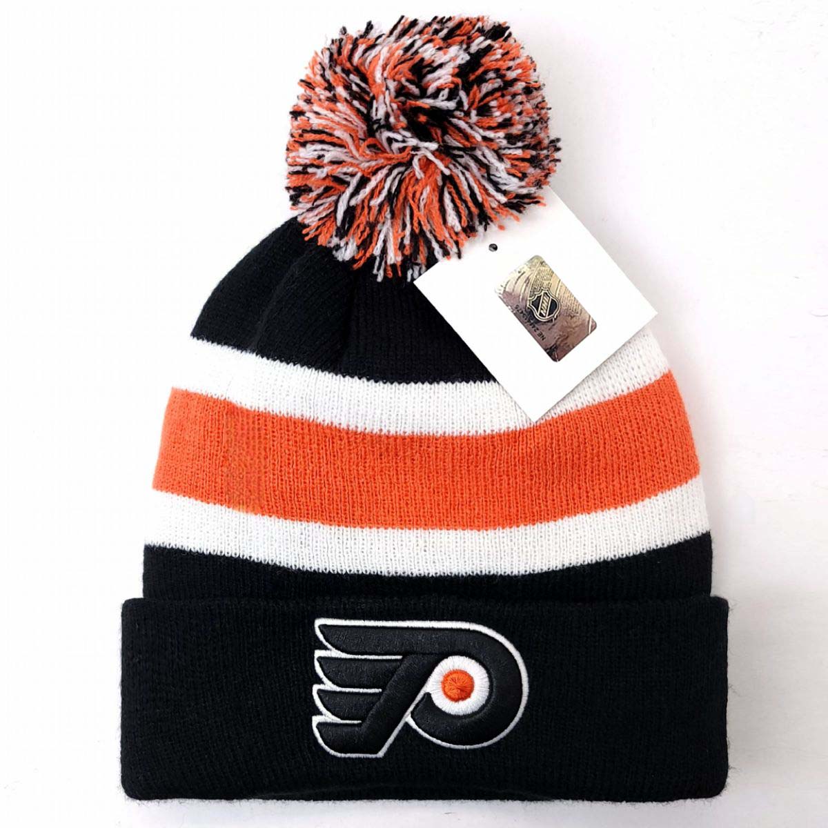 Philadelphia Flyers Pom Knit Toque - BA, Black with Orange & White Stripe