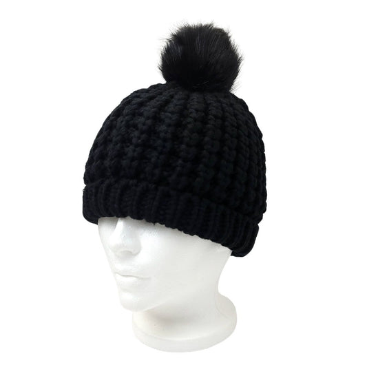 Ribbed Pom Toque - Fur Lining, Black