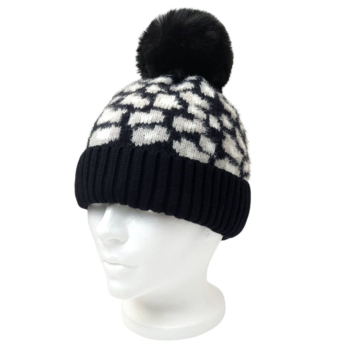 Fashion Pom Knit Toque - Black with White Leopard pattern