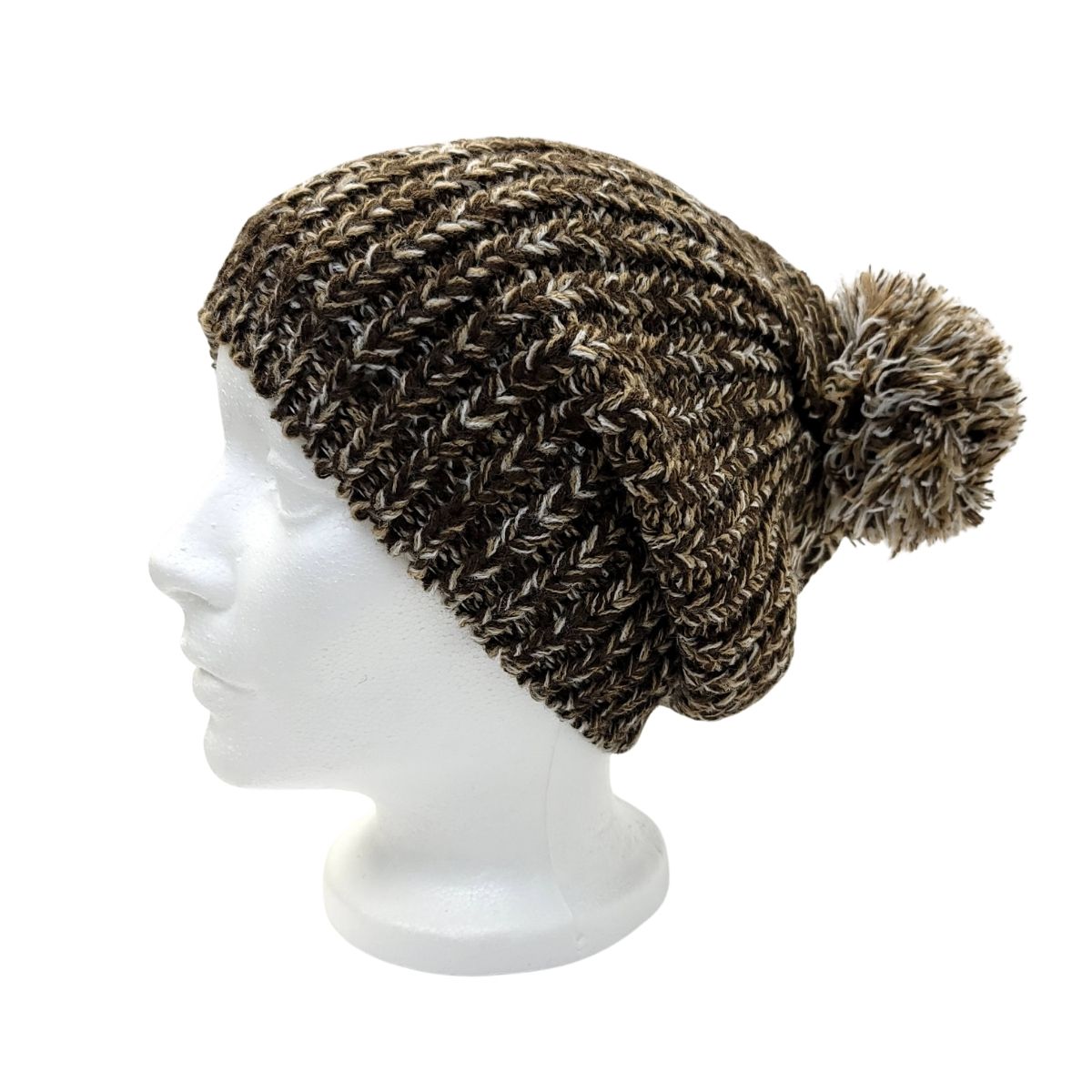 Slouchy Pom Beanie - Brown & Black