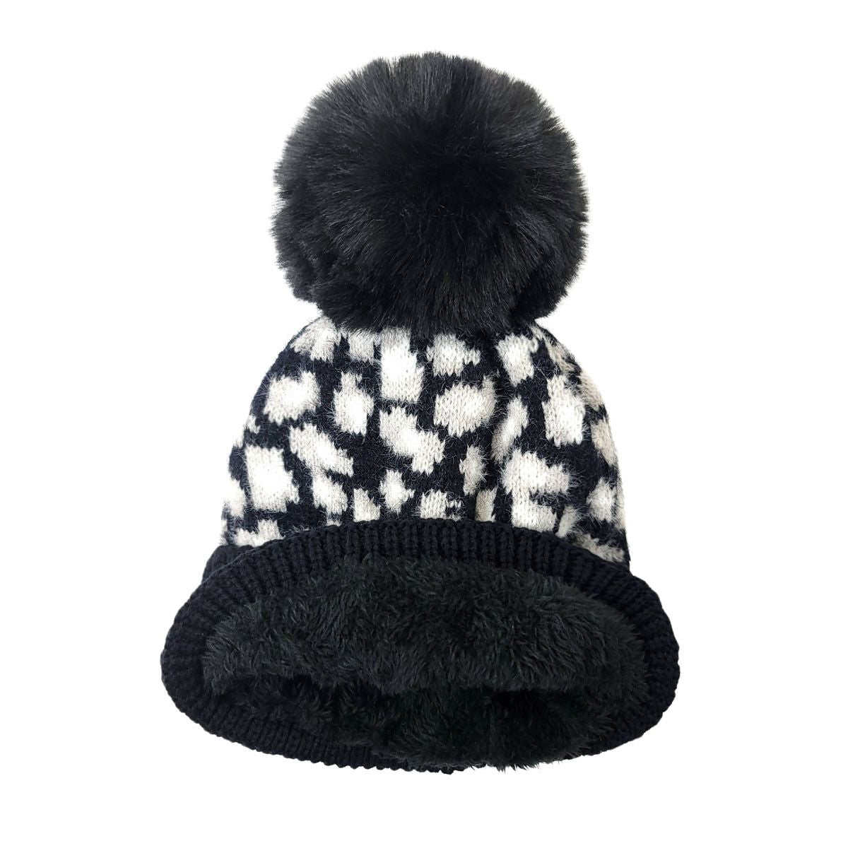 Fashion Pom Knit Toque - Black with White Leopard pattern