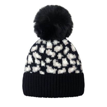 Fashion Pom Knit Toque - Black with White Leopard pattern