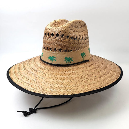 Mexican Wide Brim Straw Hat, Khaki Band - Palm Tree, Natural Colour