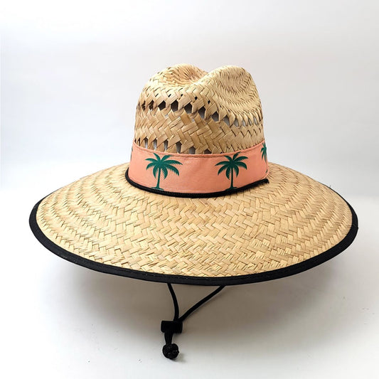 Mexican Wide Brim Straw Hat, Pink Band - Palm Tree, Natural Colour