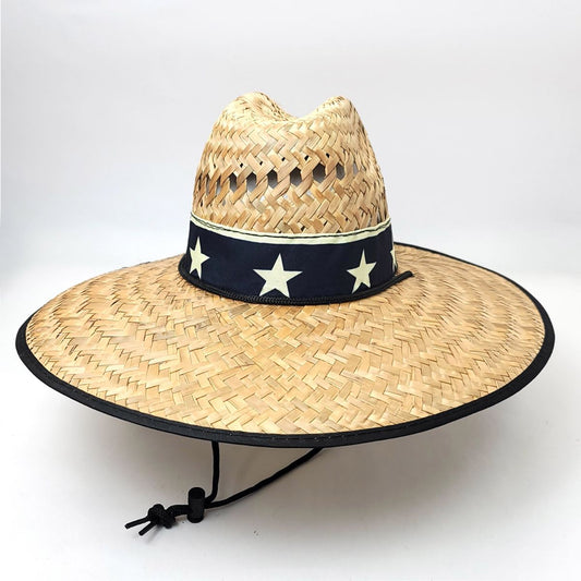 Mexican Wide Brim Straw Hat, Black Band - Star, Natural Colour