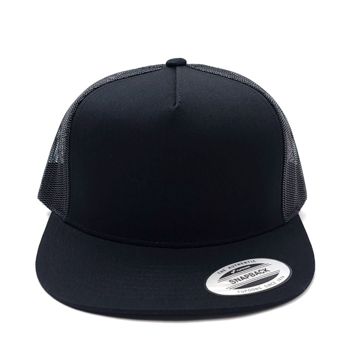 Trucker Cap - YUPOONG, Flat Bill, 5 Panel, Black, Snapback Closure