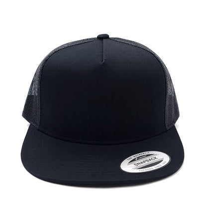 Trucker Cap - YUPOONG, Flat Bill, 5 Panel, Black, Snapback Closure