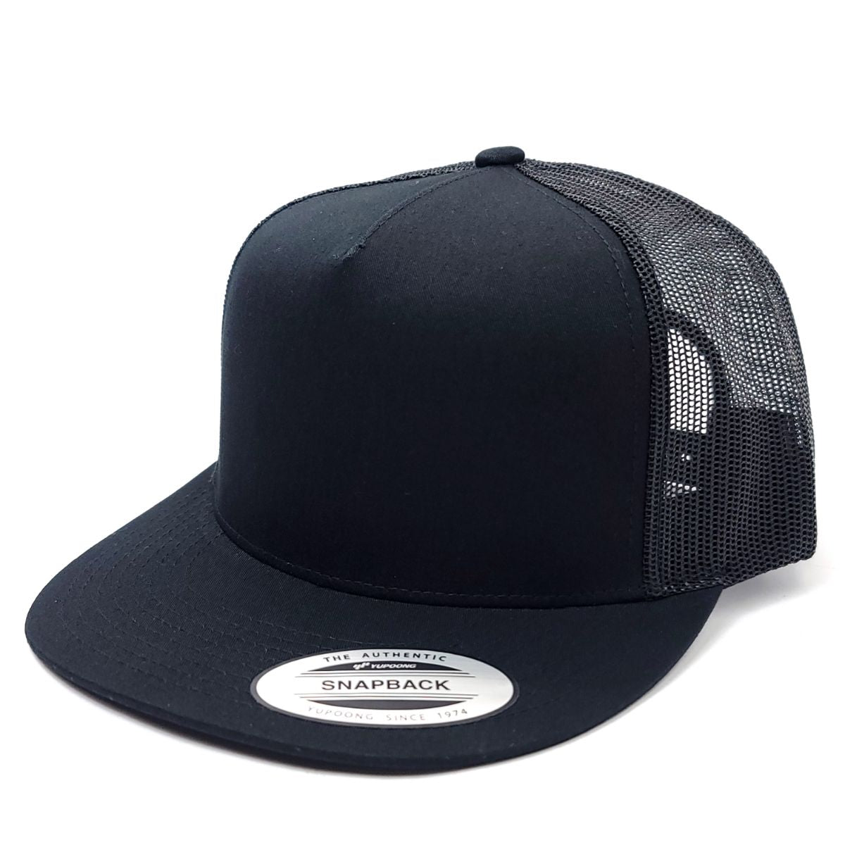 Trucker Cap - YUPOONG, Flat Bill, 5 Panel, Black, Snapback Closure