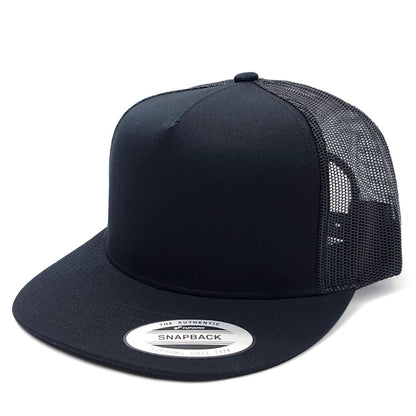 Trucker Cap - YUPOONG, Flat Bill, 5 Panel, Black, Snapback Closure