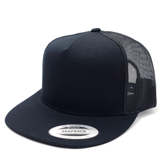 Trucker Cap - YUPOONG, Flat Bill, 5 Panel, Black, Snapback Closure