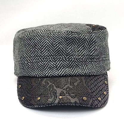 Cadet Cap - Herringbone, PU Leather Visor, BS3889, Black & Brown