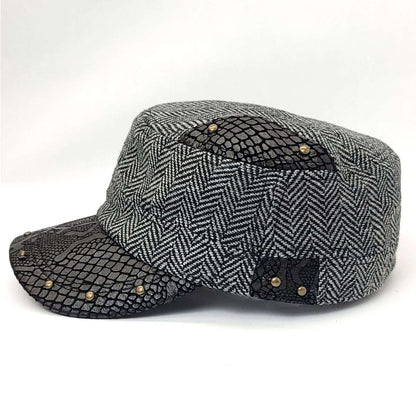 Cadet Cap - Herringbone, PU Leather Visor, BS3889, Black & Brown