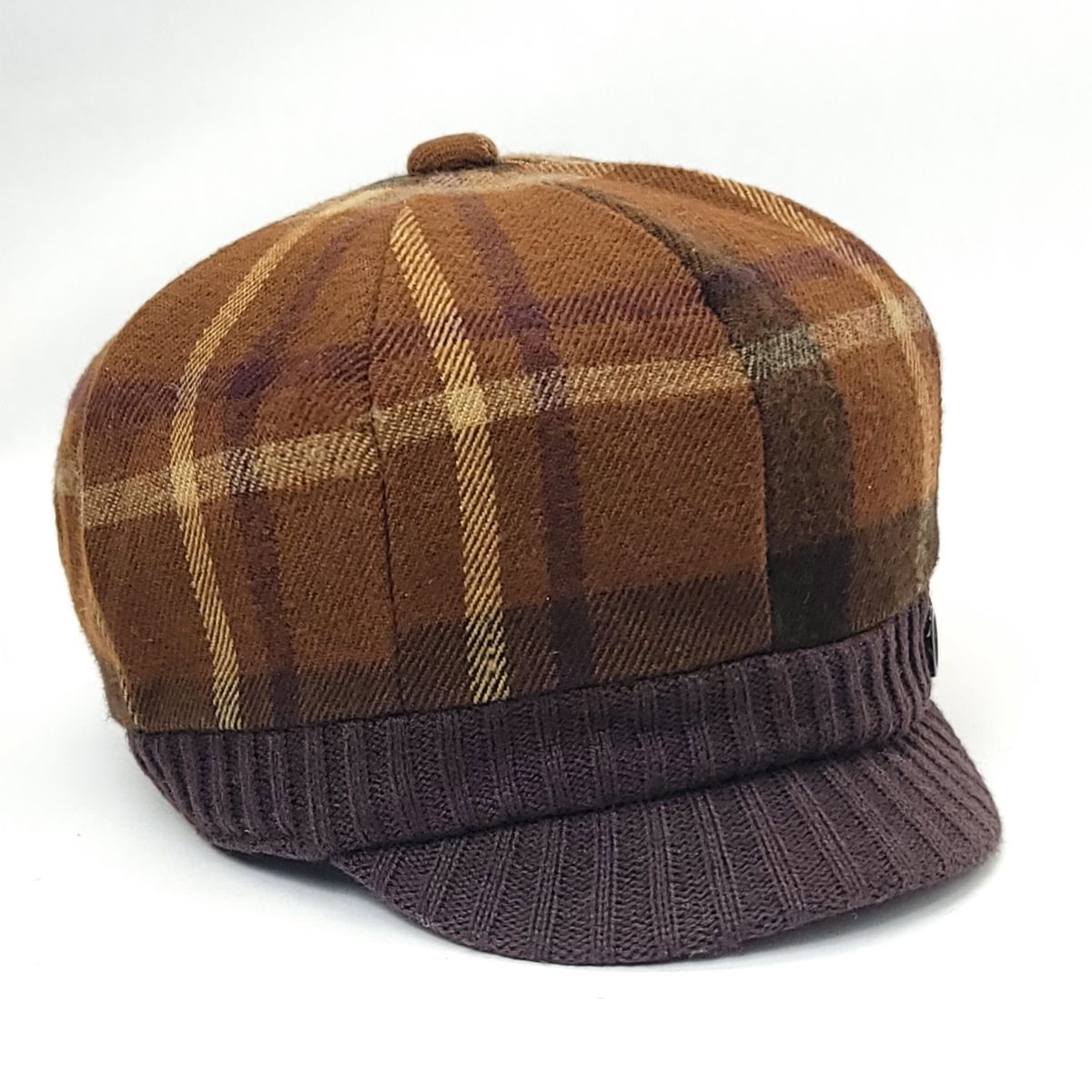 Newsboy Hat - Plaid Pattern, Brown with Knitted Visor