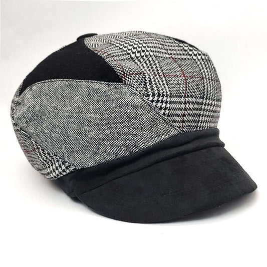 Newsboy Hat - Patched, Grey with Black Suede Visor