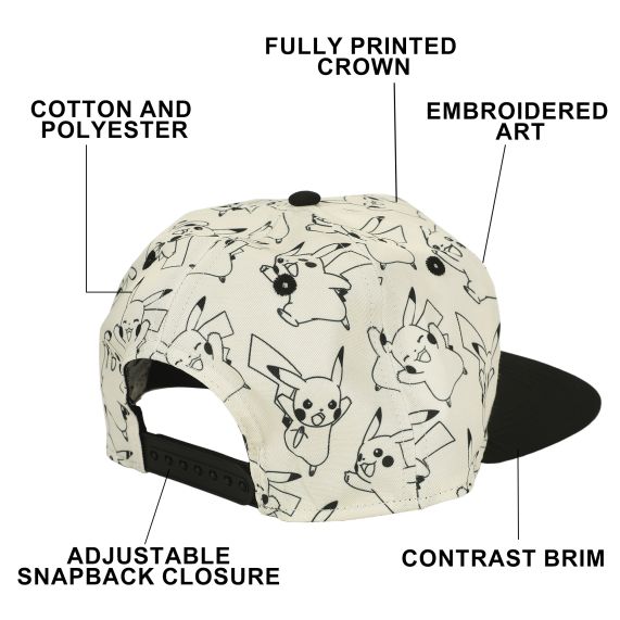 Pokemon - Pikachu AOP Boys Baseball Cap with Flat Brim, CBPOK, Youth