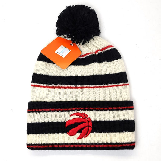 Youth - Toronto Raptors Pom Knit Toque - RP(Ralphie), Natural with Black & Red Stripes