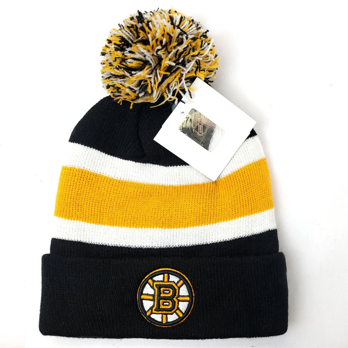 Boston Bruins Pom Knit Toque - BA, Black with Yellow & White Stripe