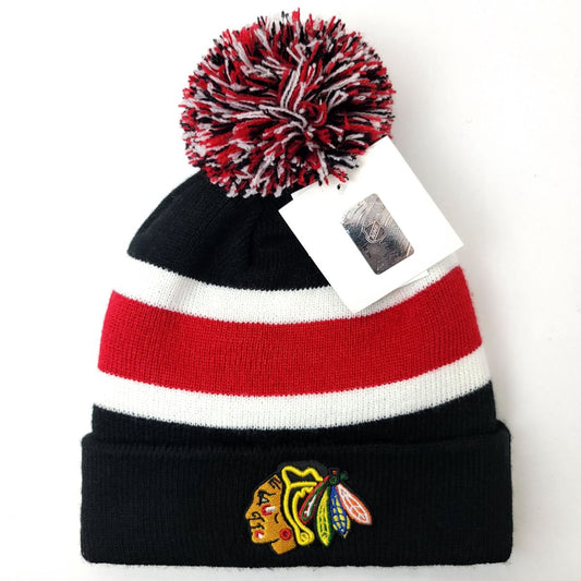 Chicago Blackhawks Pom Knit Toque - BA, Black with Red & White Stripe