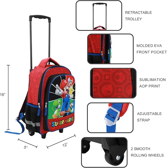 Super Mario Bros Retractable Trolly Backpack with Rolling Wheels 16"