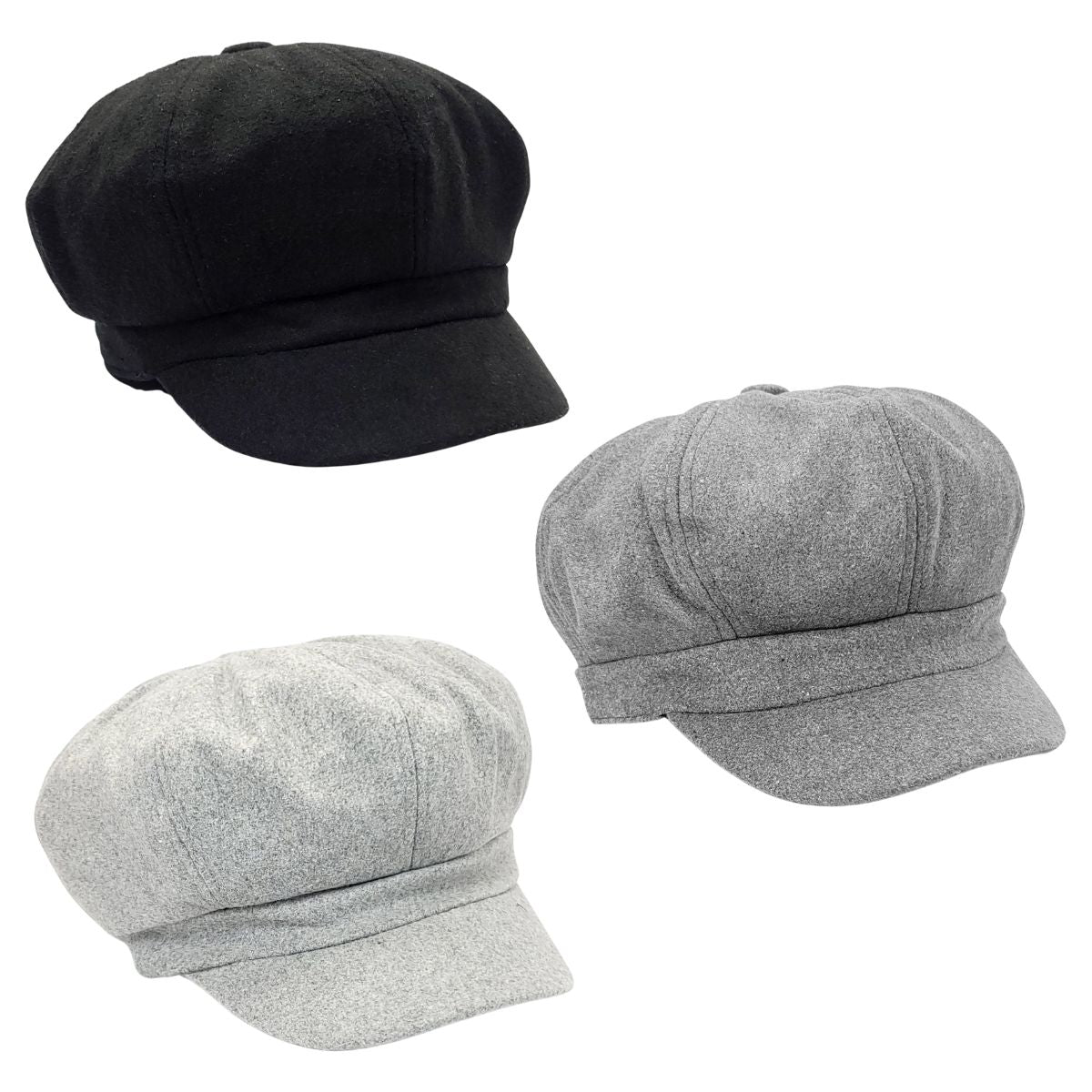Newsboy Hat - Solid Colour, Black & Light Grey & Grey