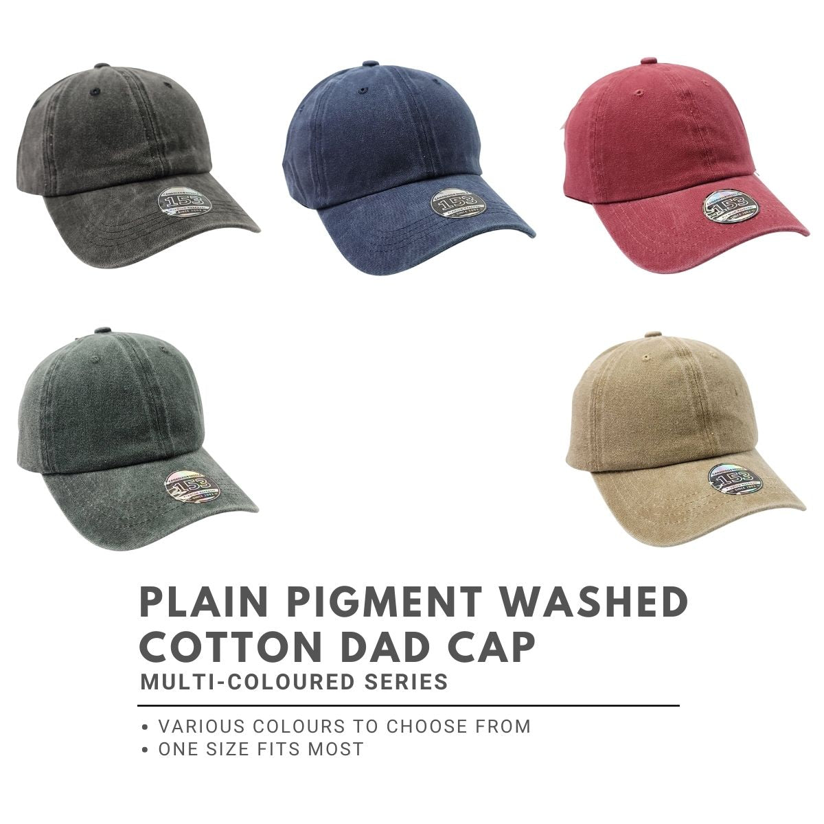 Plain Pigment Washed Cotton Dad Cap - Solid Colours, One Size