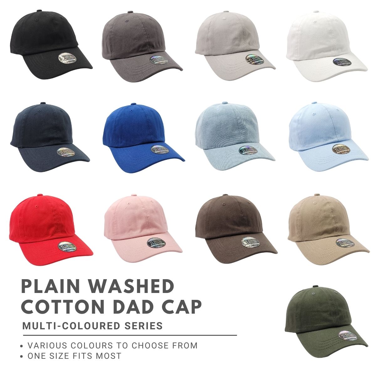 Plain Washed Cotton Dad Cap - Solid Colours, One Size